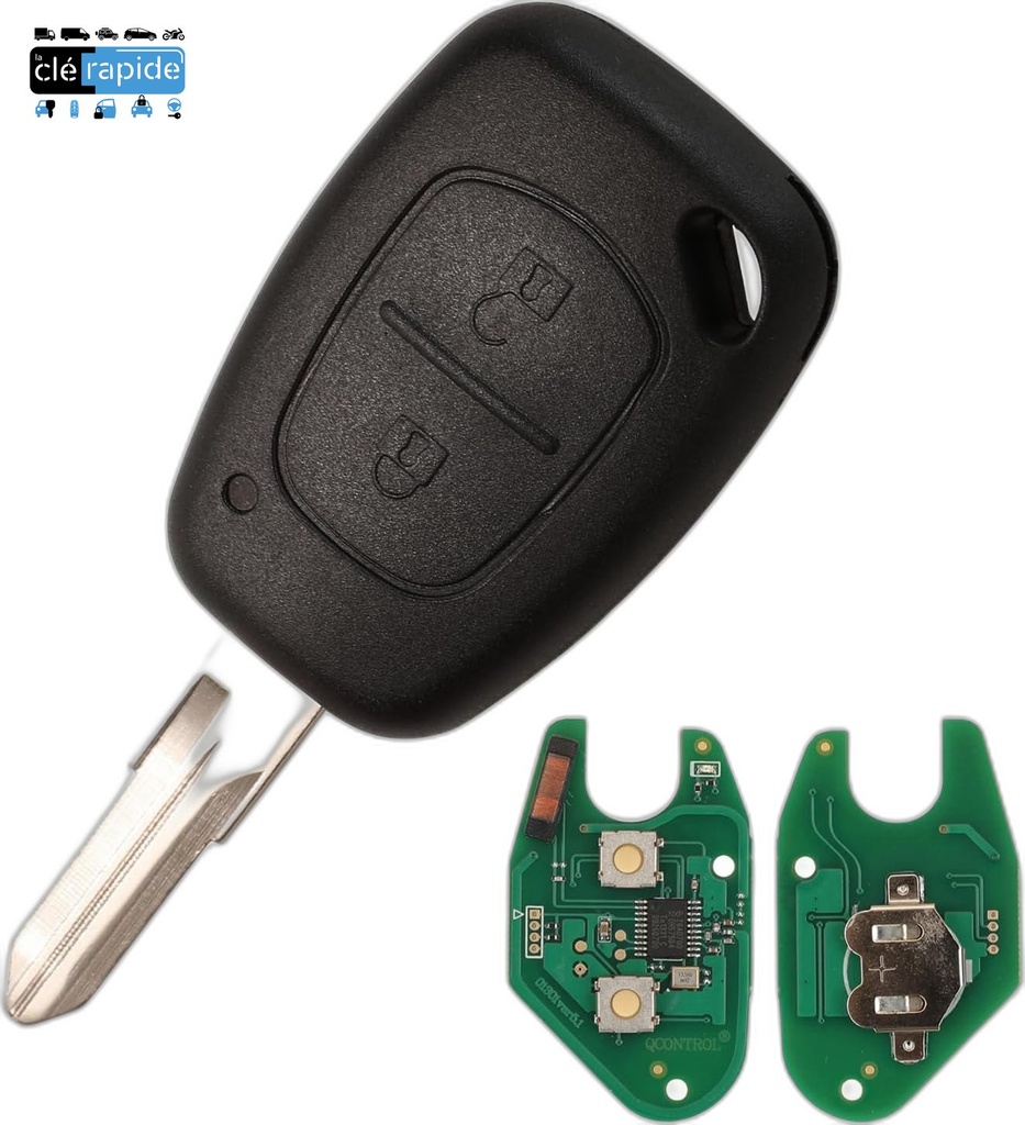 Télécommande Smart Renault Kangoo / Trafic / Vivaro / Smart ForFour (télécommande fixe sans insert) 3 (Lock, Unlock, Hayon/Boot) boutons 2013-2024 433 MHz FSK Mise au code et taillage inclus, à partir du code de clé ou d'une photo de la clé du véhicule