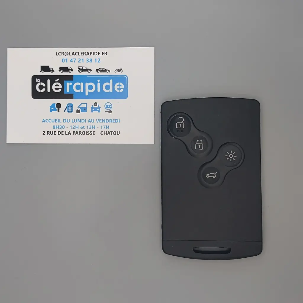 CARTE TELECOMMANDE 4 BOUTONS LAGUNA 3 -MEGANE 3 - SCENIC 3 Mise au code et taillage inclus, à partir du code de clé ou d’une photo de la clé du véhicule