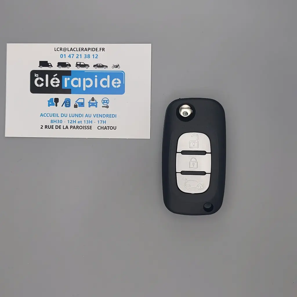 TELECOMMANDE 3BOUTONS MOVANO MASTER 2010-2017/CLIO 3 2006-2012/KANGOO 2 2010-2017 Mise au code et taillage inclus, à partir du code de clé ou d’une photo de la clé du véhicule