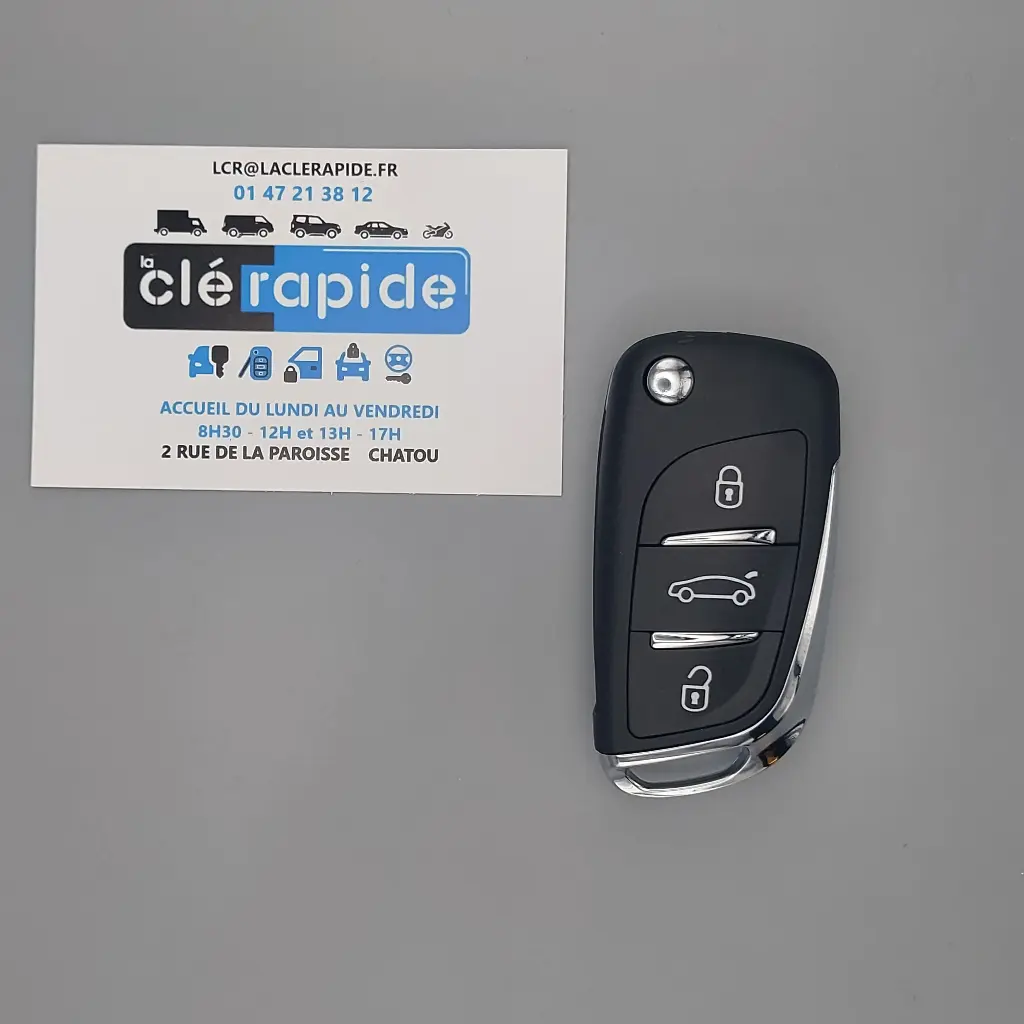 TELECOMMANDE 3 BOUTONS CITROËN C3 2 - C4 2 C4 PICASSO 2007-2012 C3 PICASSO JUMPY 2- PEUGEOT 207 - 308 2007-2012- EXPERT 2 Mise au code et taillage inclus, à partir du code de clé ou d’une photo de la clé du véhicule