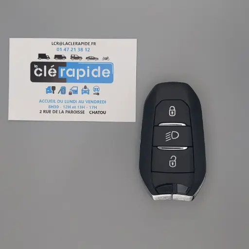 [9840149780] Télécommande Peugeot 208 - ET mains libres 2008 Mise au code et taillage inclus, à partir du code de clé ou d'une photo de la clé du véhicule
