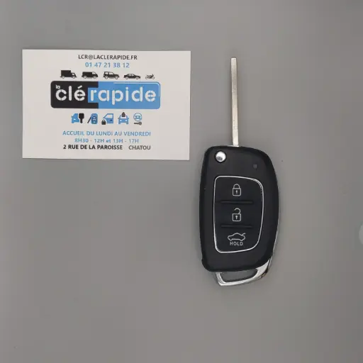 [HY101TE09-AF] TELECOMMANDE PLIANTE SANTE FE 2012-2015 3 BOUTONS ID60 Mise au code et taillage inclus, à partir du code de clé ou d'une photo de la clé du véhicule